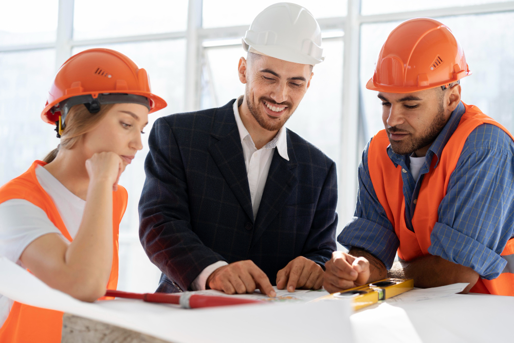 Building and construction worker on the site with architect